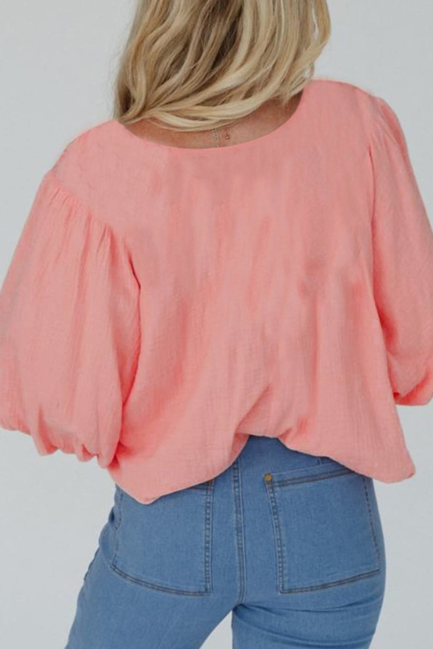 Geometric V-Neck Puff Sleeve Blouse