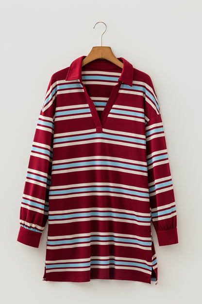 Stripe Polo Collar Long Sleeve T-Shirt Mini Dress