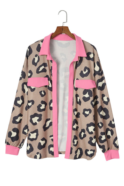 Leopard Ribbed Trim Collared Jacket