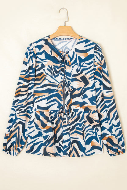 Zebra Tied Front Puff Sleeve Top