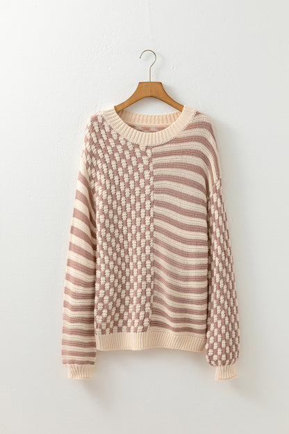 Stripe Checker Balloon Sleeve Sweater