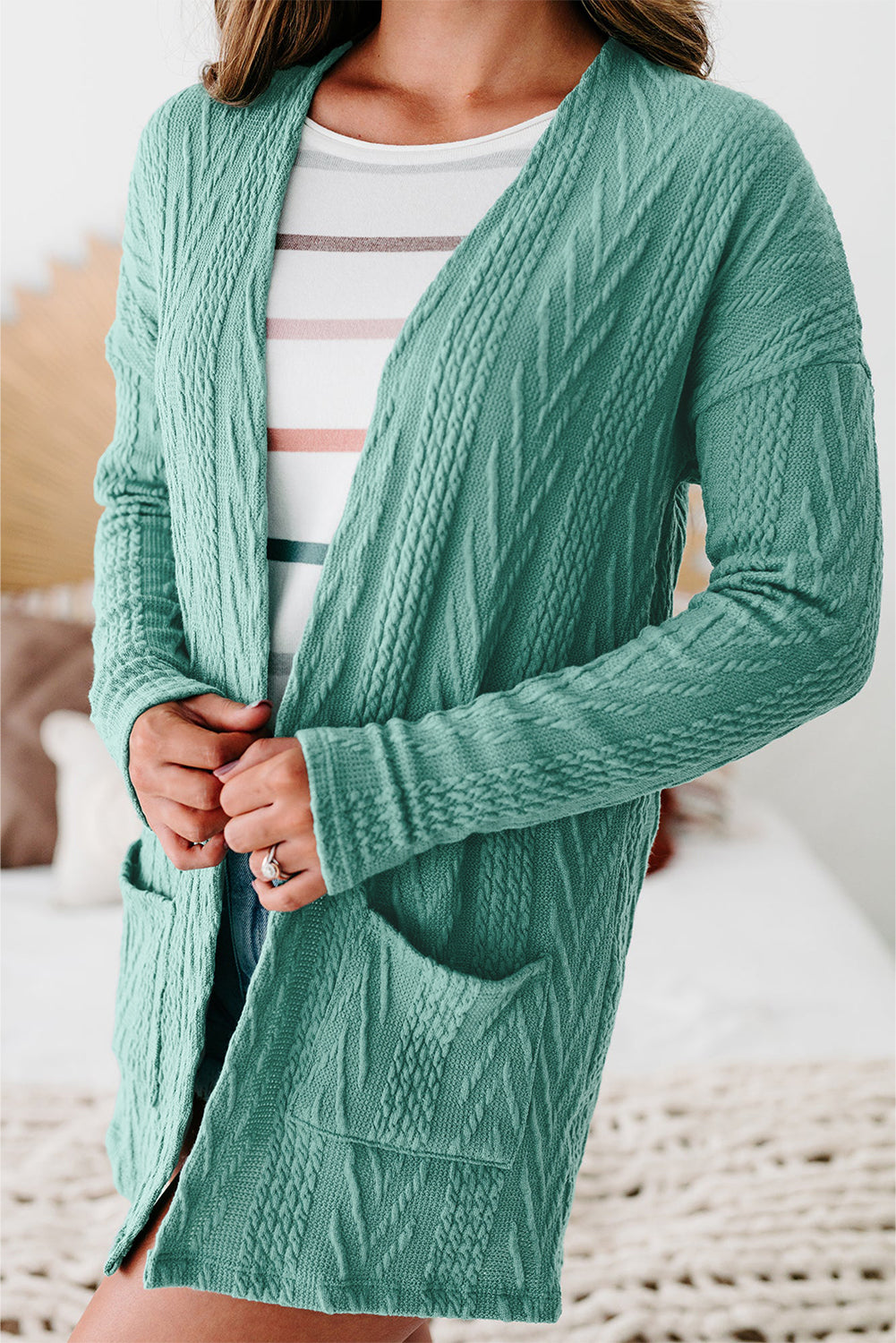 Solid Texture Open Front Cardigan