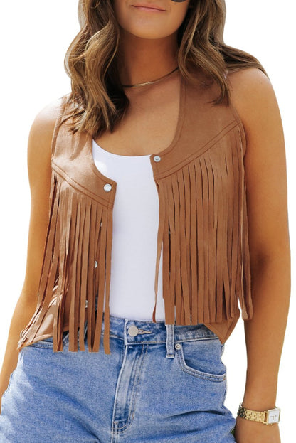 Suede Fringe Snap Button Vest