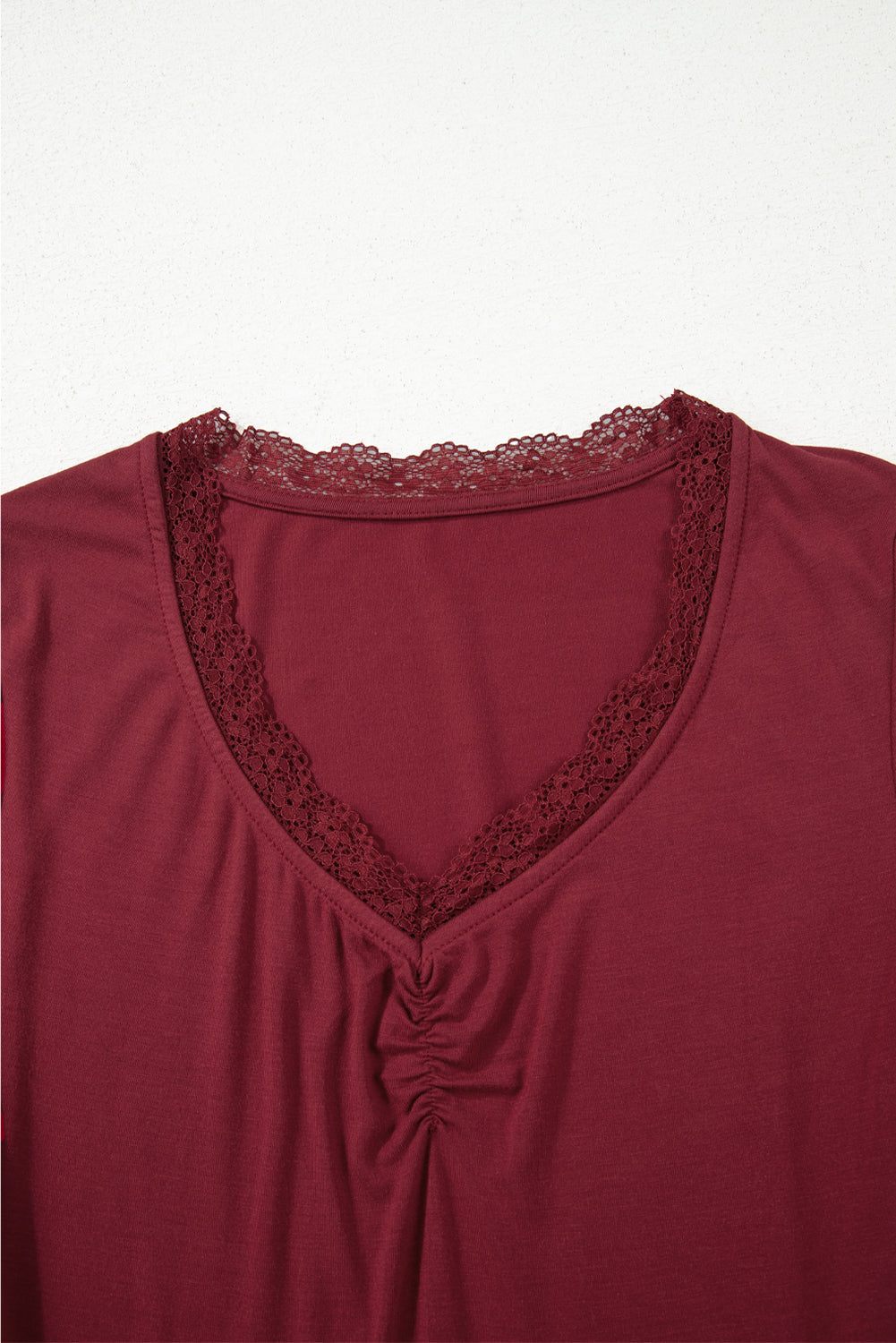 Lace Trim Ruched V-Neck Long Sleeve Top