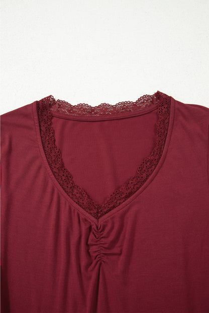 Lace Trim Ruched V-Neck Long Sleeve Top