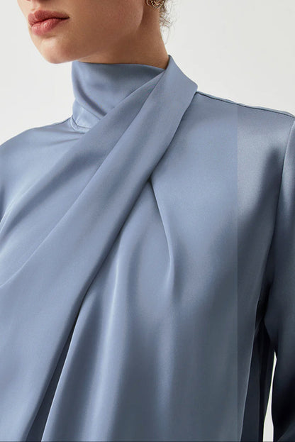 Pleated Turtleneck Bell Sleeve Blouse