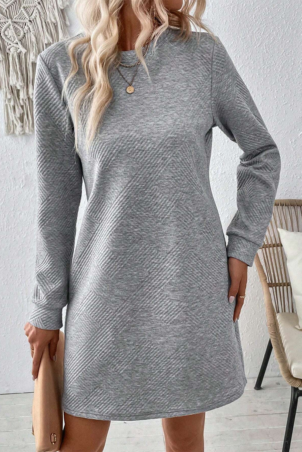 Solid Texture Long Sleeve Dress