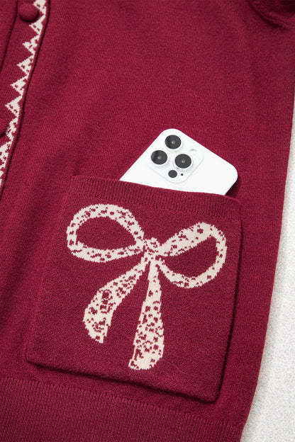Bow Patch Pocket Collared Button Front Cardigan