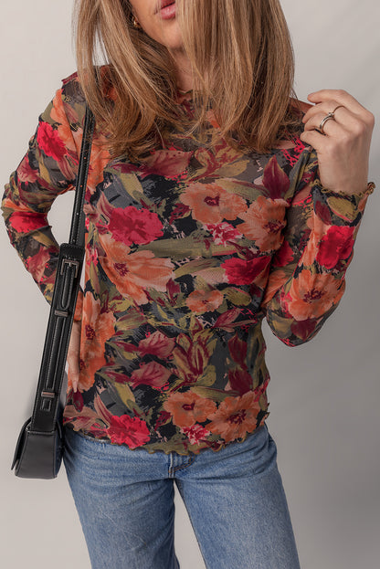 Floral Mesh Lettuce Trim Long Sleeve Top