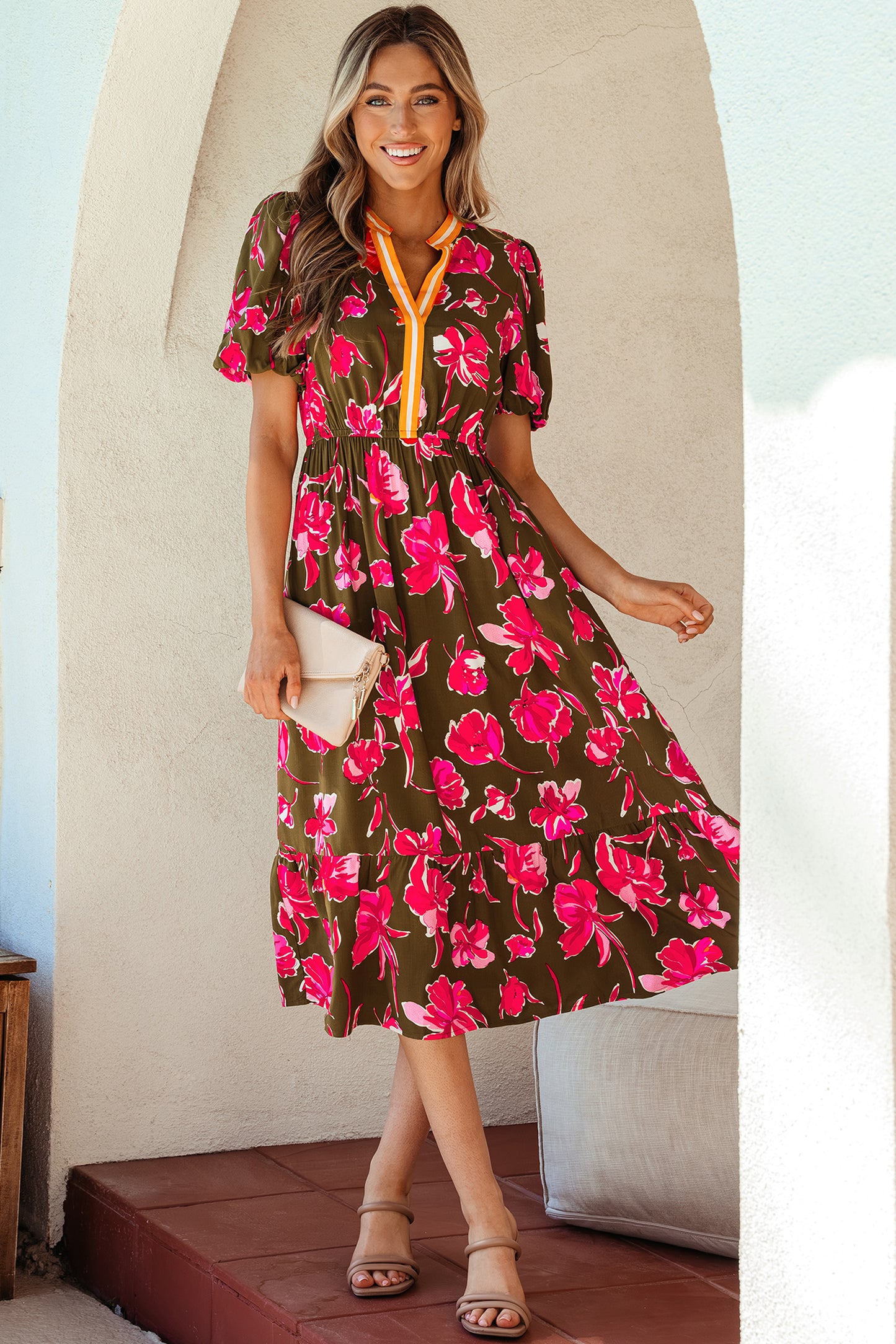 Floral Stripe Trim Short Puff Sleeve Maxi Dress