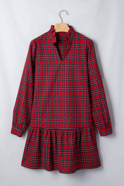Plaid Long Sleeve Drop Waist Mini Dress