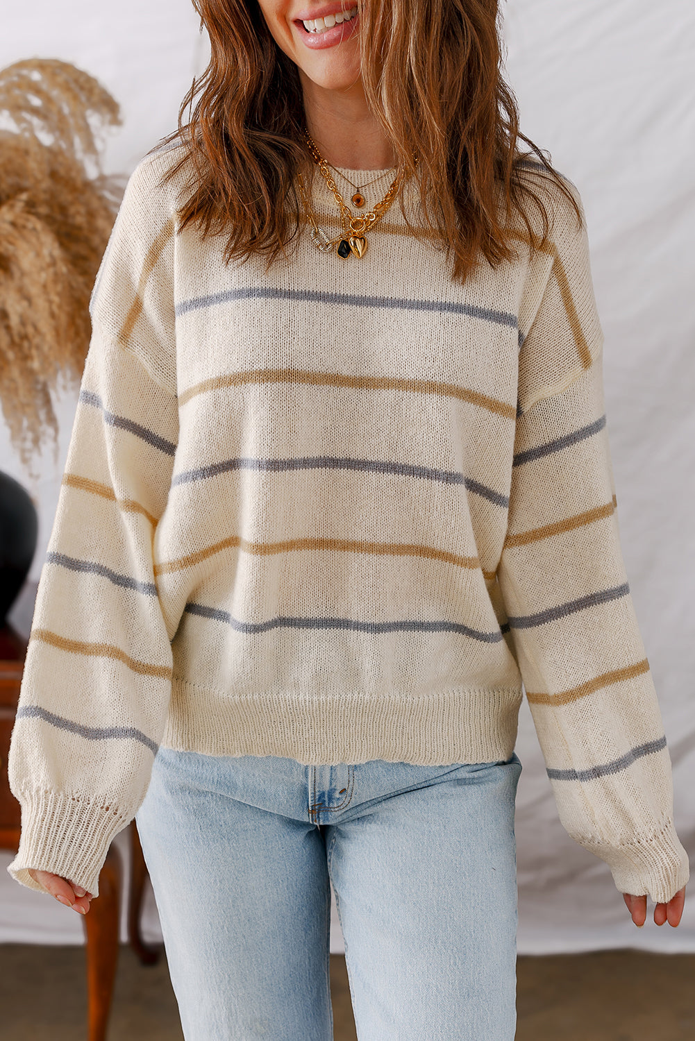 Stripe Ribbed Trim Drop Shoulder Sweater