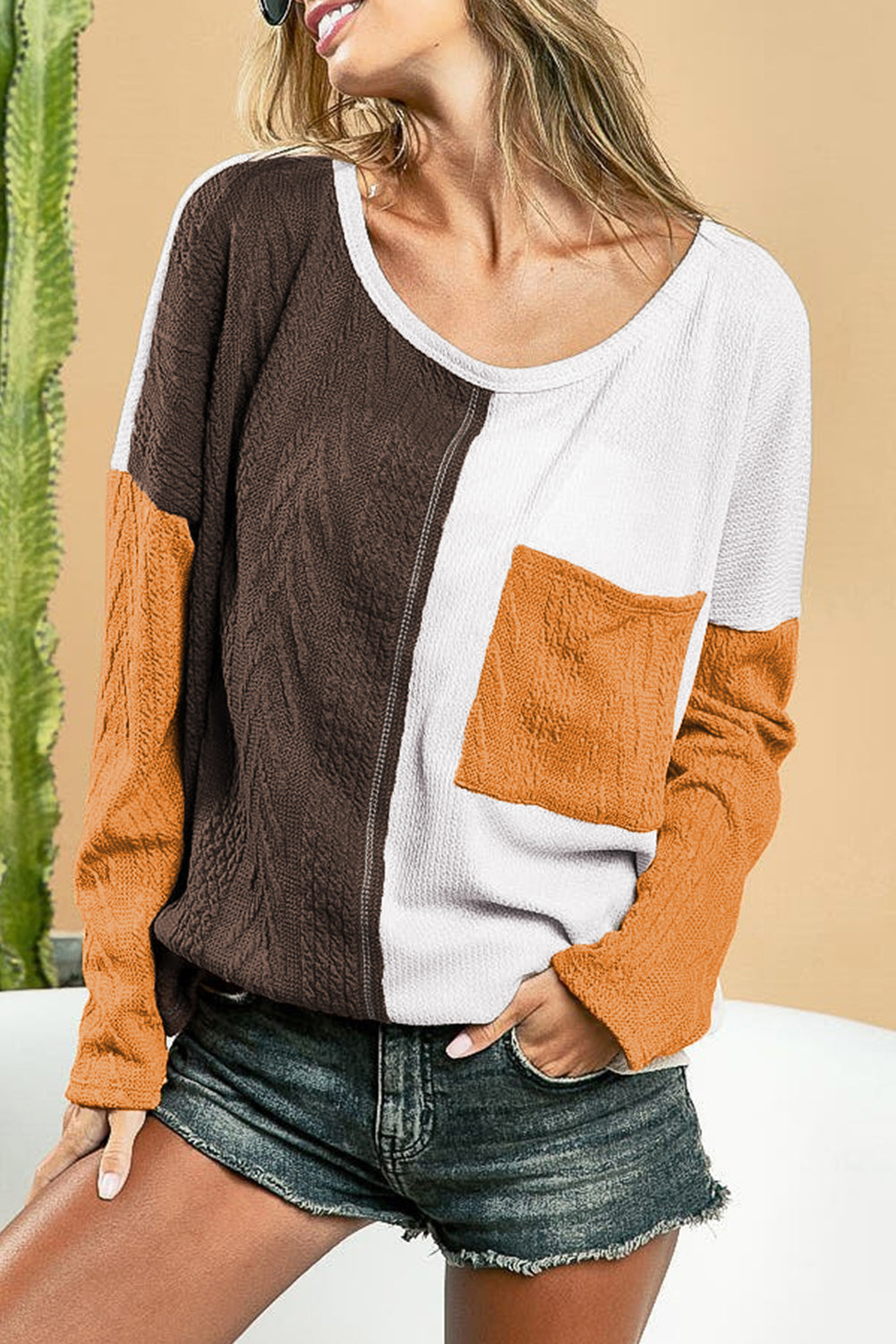 Colorblock Pocketed Long Sleeve Top