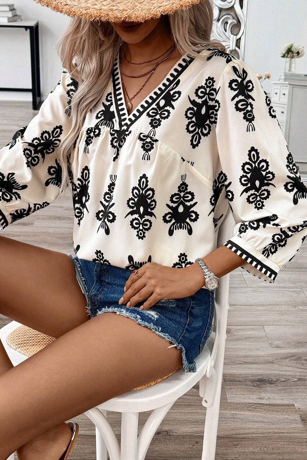 Geometric 3/4 Sleeve V-Neck Blouse