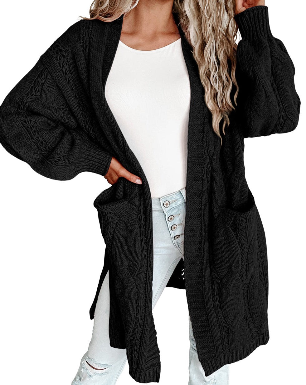 Open Front Pocketed Cable Cardigan