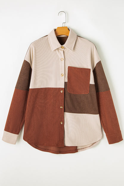 Colorblock Corduroy Curved Hem Shacket