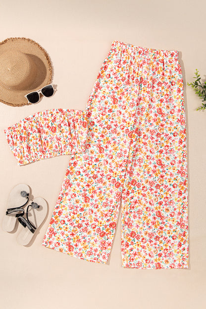 Floral Bandeau Top and Wide Leg Pants Set