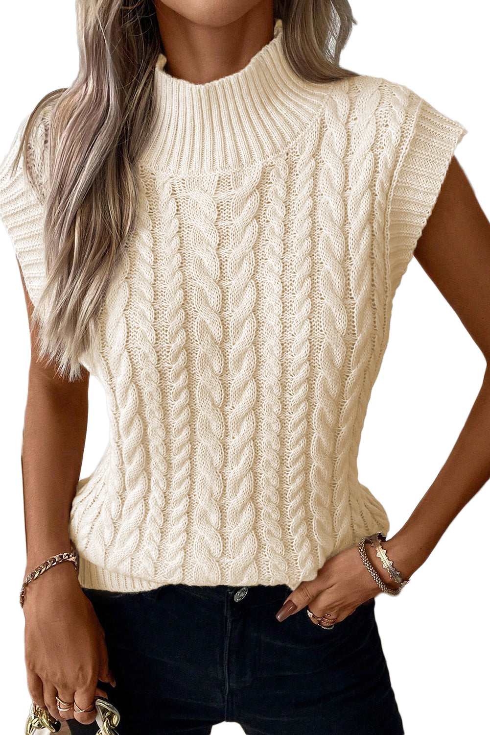 Cable High Neck Sweater Top