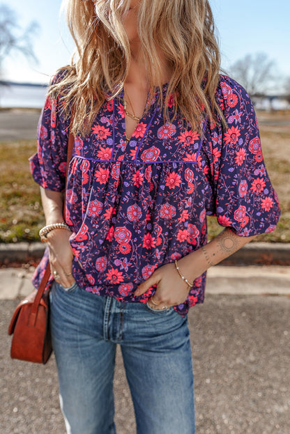 Floral 3/4 Puff Sleeve Blouse