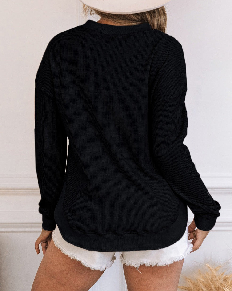 Waffle Ribbed Trim Crewneck Top