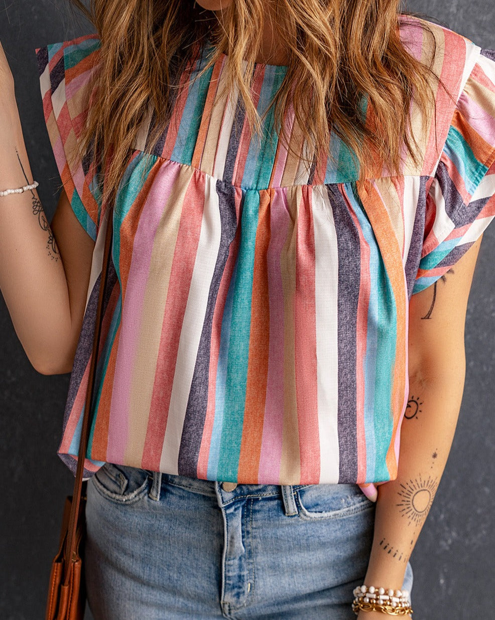 Stripe Ruffle Cap Sleeve Top