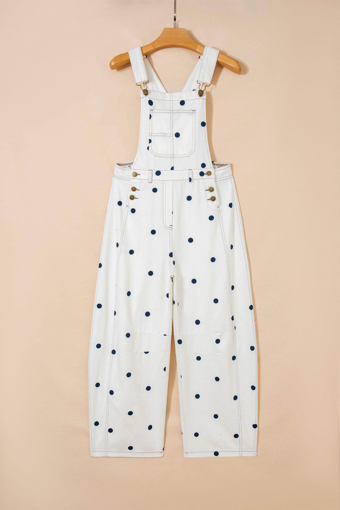 Polka Dot Denim Barrel Leg Overalls Jumpsuit