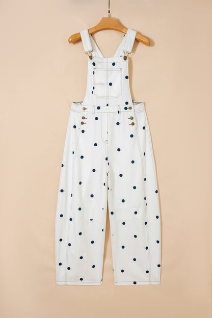 Polka Dot Denim Barrel Leg Overalls Jumpsuit