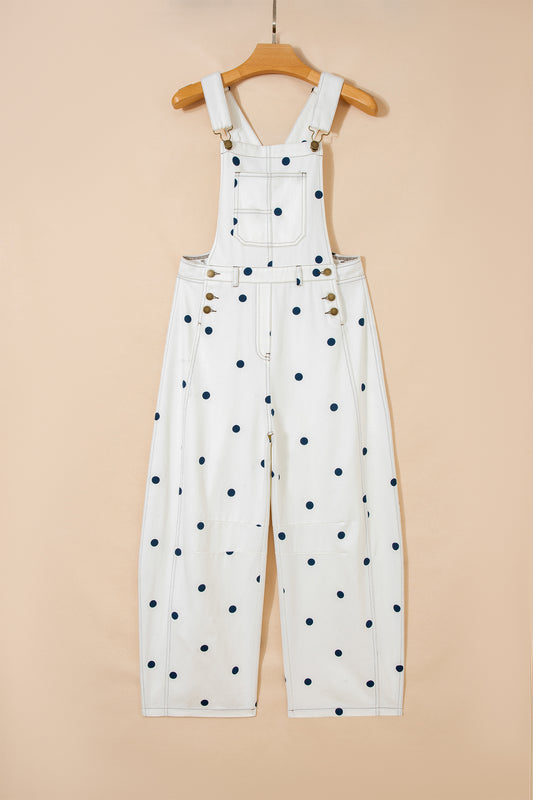 Polka Dot Denim Barrel Leg Overalls Jumpsuit