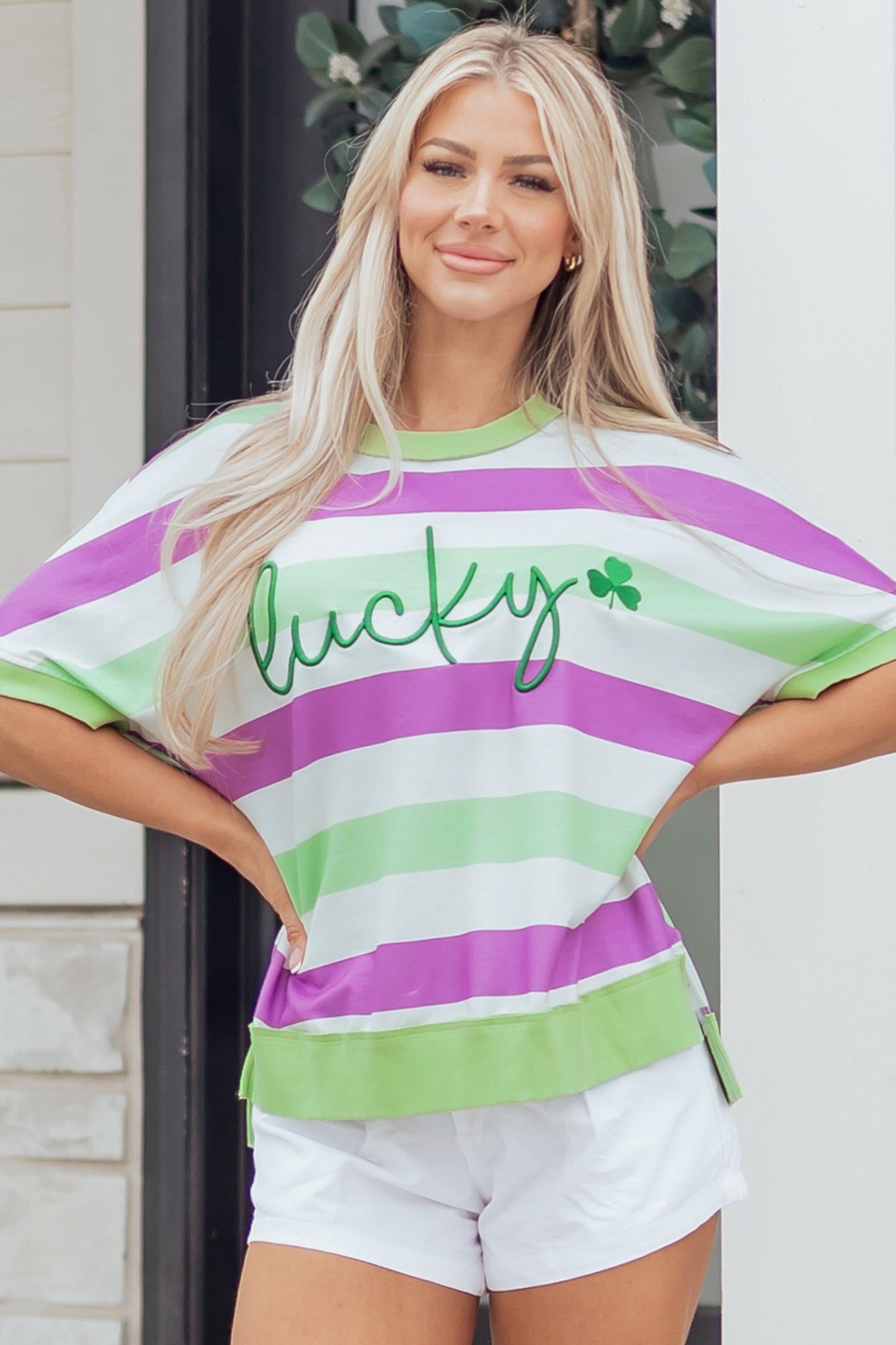 Stripe Lucky Clover Embroidered Dolman Sleeve Tee