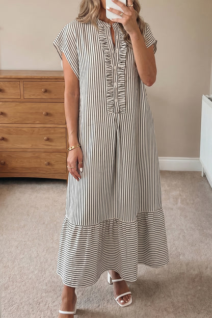 Stripe Frilled Half Buttoned Maxi Dress