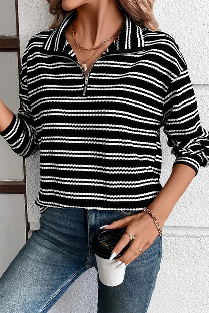 Stripe Zip Collar Long Sleeve Top