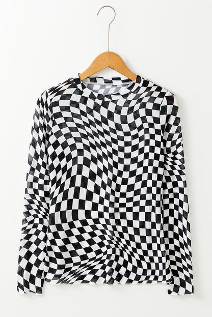 Checker Mesh Mock Neck Long Sleeve Top
