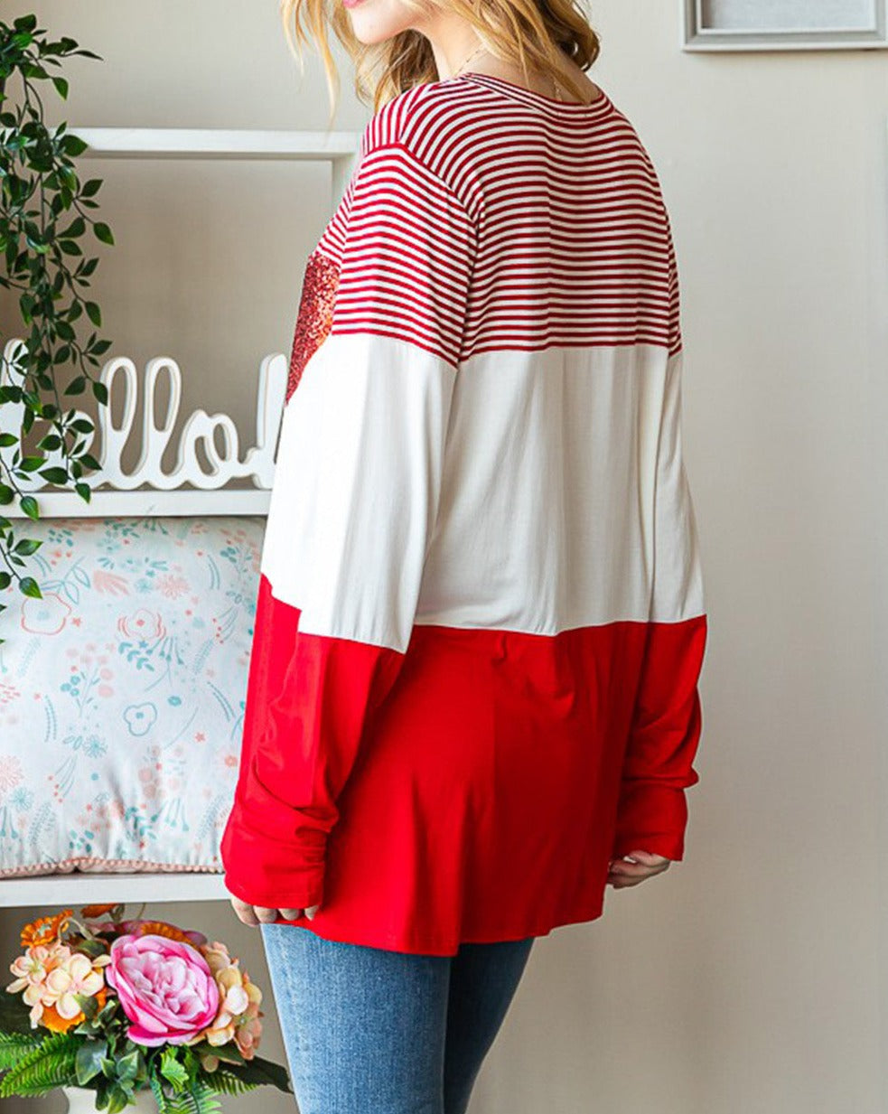 Sequin Heart Striped Colorblock Top