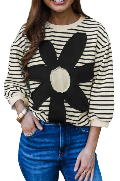 Stripe Floral Patched 3/4 Sleeve Top