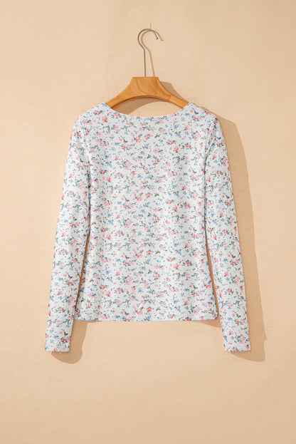 Floral Textured Square Neck Slim Fit Long Sleeve Top