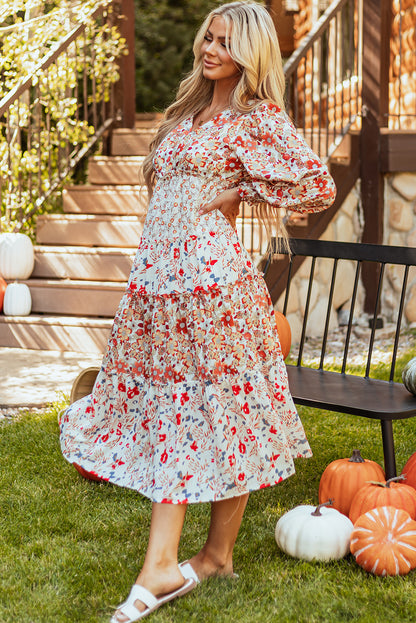 Floral V-Neck Ruffle Long Sleeve Midi Dress