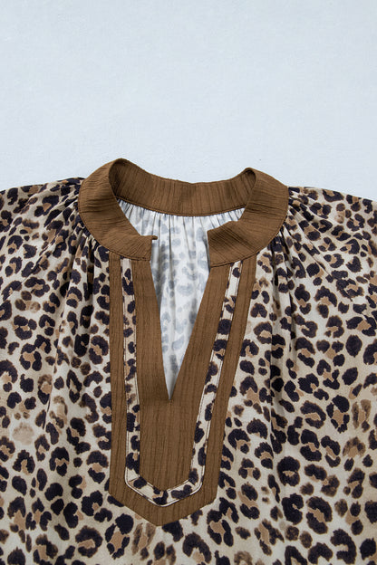 Plus Size Leopard Patchwork Crinkled V-Neck Blouse