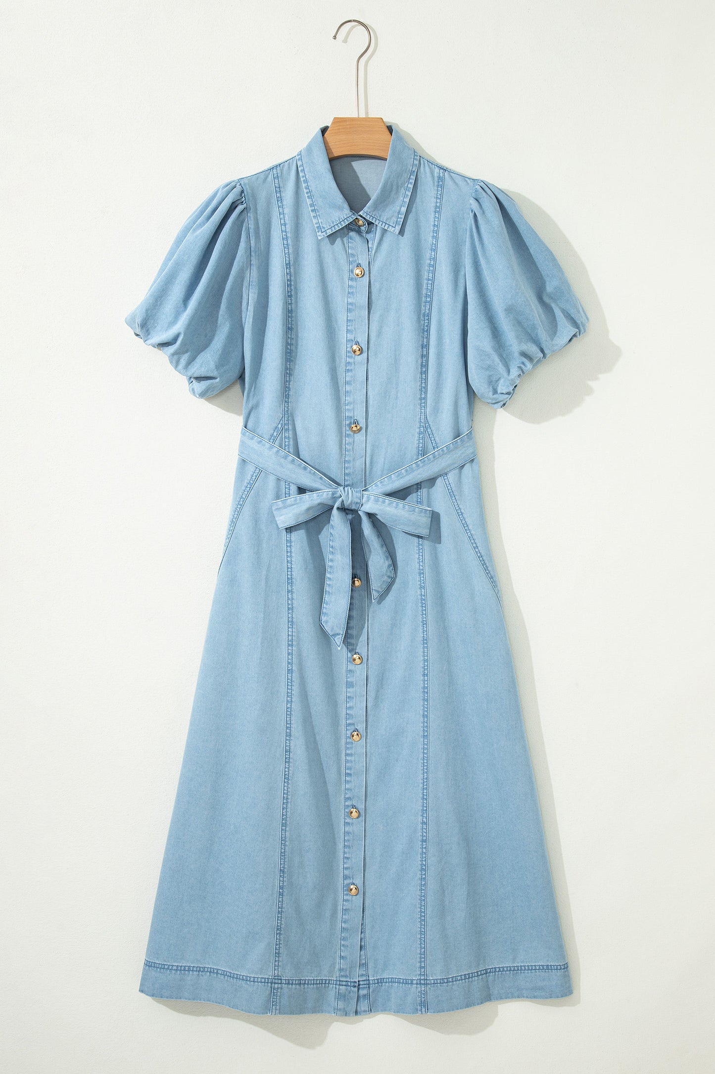 Solid Denim Collared Bubble Sleeve Buttoned Midi Dress