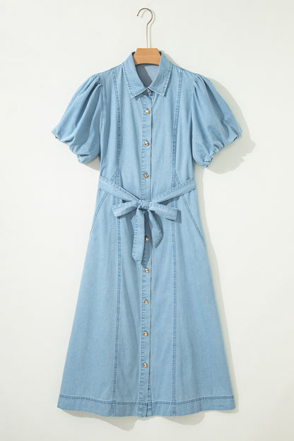 Solid Denim Collared Bubble Sleeve Buttoned Midi Dress