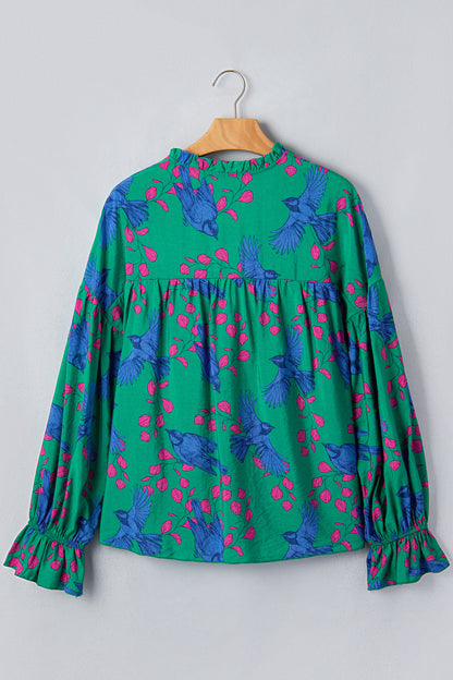 Abstract Floral Bird V-Neck Flounced Puff Sleeve Blouse