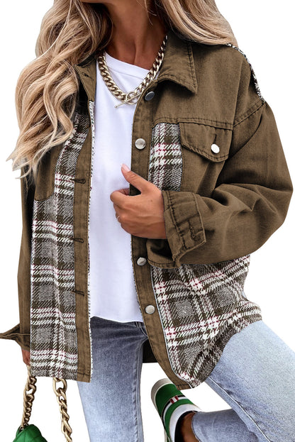 Plaid Patchwork Pockets Denim Jacket