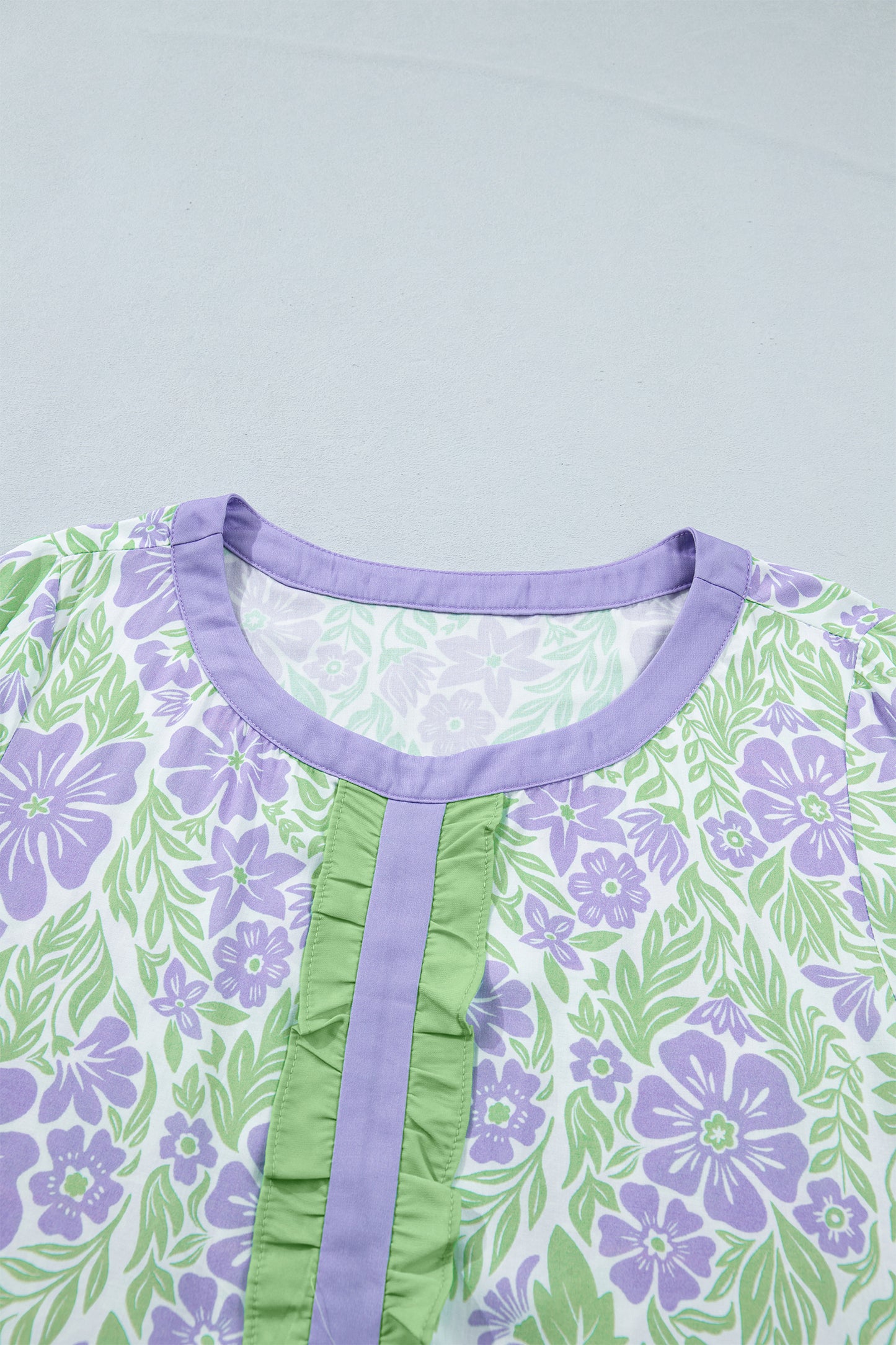 Floral Ruffle Colorblock Trim Short Sleeve Blouse