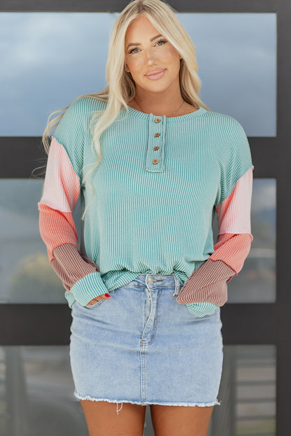 Colorblock Corded Knit Long Sleeve Henley Top
