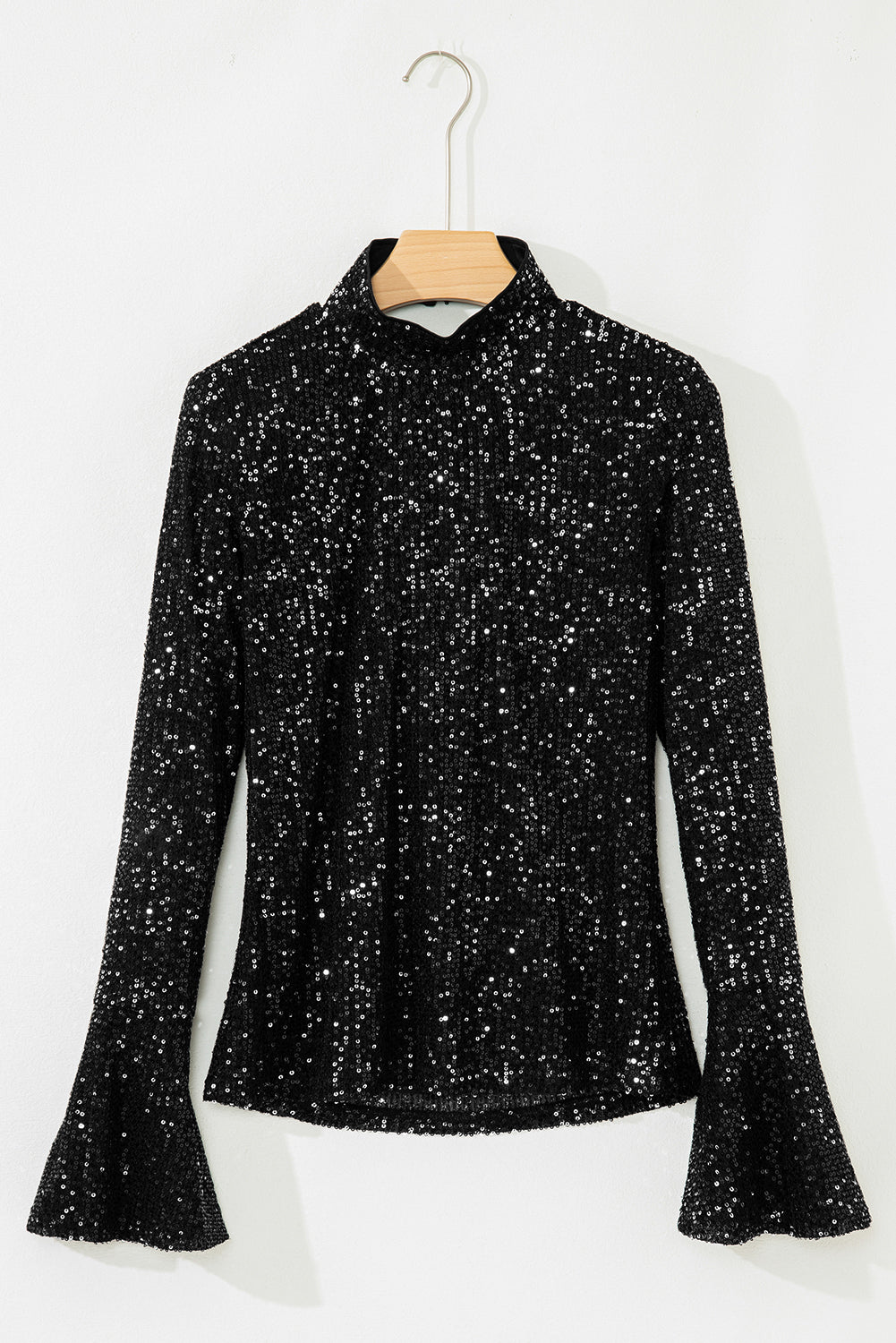 Solid Sequin Backless Bell Sleeve Top