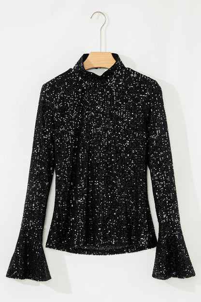 Solid Sequin Backless Bell Sleeve Top