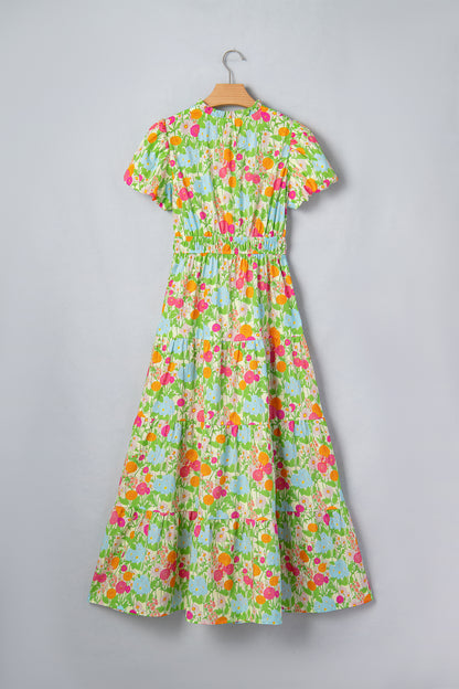 Floral V-Neck Short Puff Sleeve Maxi Dress