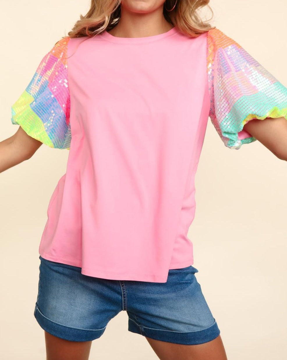 Sequin Colorblock Puff Sleeve Top