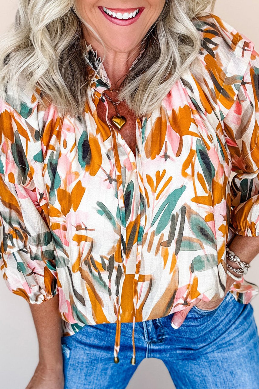 Abstract V-Neck 3/4 Sleeve Blouse