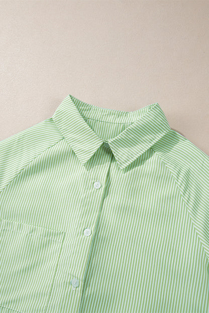 Stripe Shirred Cuff Button-Up Shirt