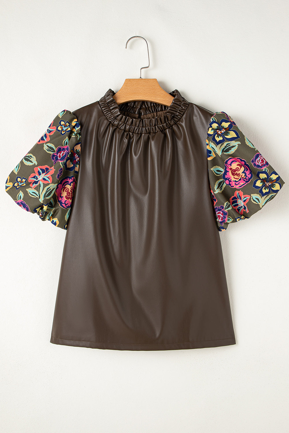 Floral Leatherette Bubble Sleeve Blouse